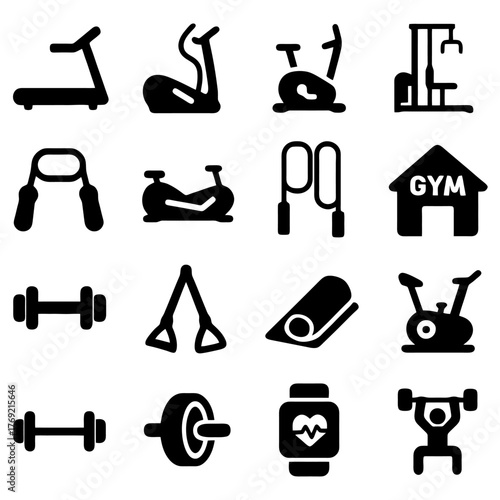 Gym Equipment Icons: A dynamic collection of black gym equipment icons on display. The focus is to show various ways to stay fit and be healthy.