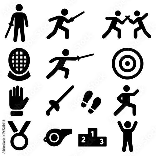 Fencing Icon Set: A comprehensive collection of fencing-related vector graphics including silhouettes of fencers, equipment, and associated symbols for sports and competitions.
