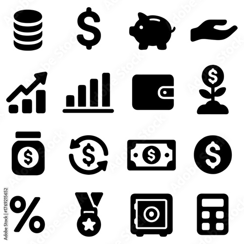 Financial Icons: A concise set of financial symbols for finance, banking, and economics. This set represents multiple aspects of monetary concepts, offering a unified aesthetic for various projects