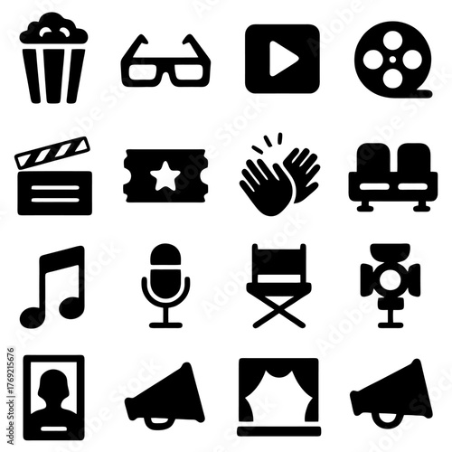 Movie Icon Set: A comprehensive collection of iconic symbols representing the world of cinema, perfect for any movie-related project or design. These simple shapes elegantly depict essential elements