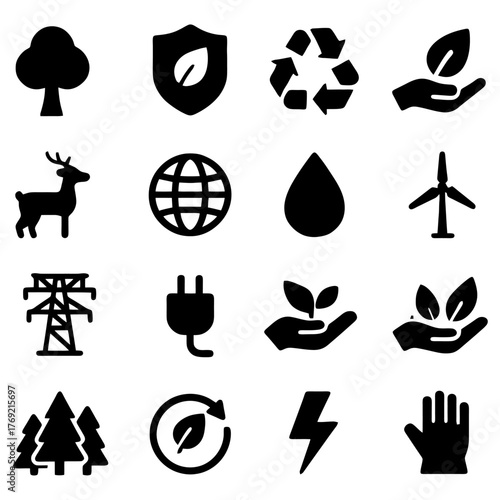 Ecology and Nature Icons: A collection of ecological and natural icons arranged in an eye-catching way, showcasing diverse elements symbolizing nature, conservation, and sustainability.