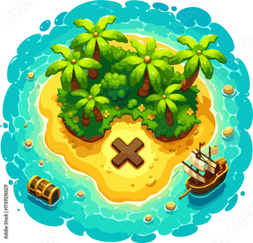 Tropical Treasure Island Vector – Cartoon Palm Trees, Pirate Ship, Treasure Chest, and X Marked Spot Illustration
