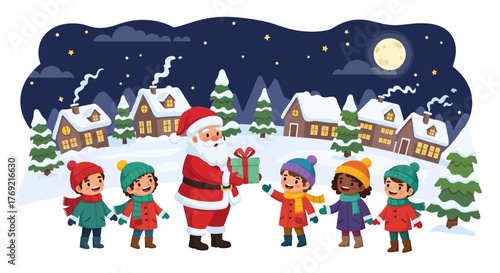 Santa Claus Distributing Gifts to Children in a Snowy Village