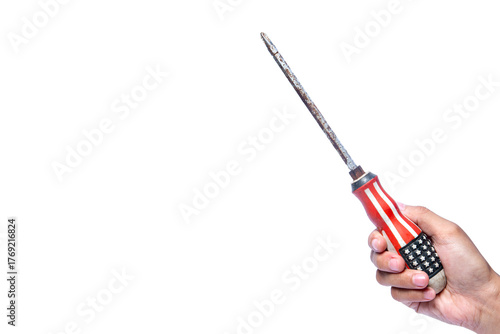 hand holding a screwdriver on a white background with negative space