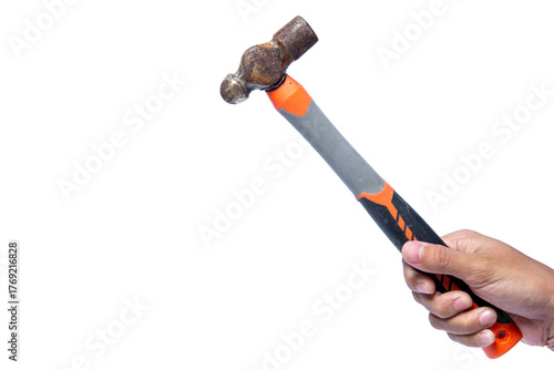 hand holding a hammer on a white background with negative space