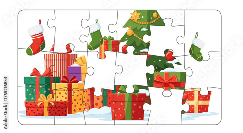 Christmas Puzzle Festive Illustration of Holiday Gifts, Tree, and Snowy Scene