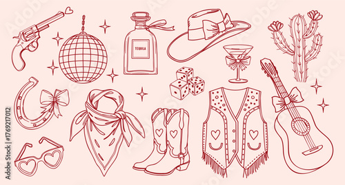 Hand drawn disco cowgirl party elements collection. Cowgirl coquette elements set. . Outline illustration.