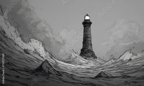 looking at an ancient ominous lighthouse, waves made of dirt, sketchy inky art style
