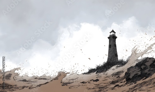 looking at an ancient ominous lighthouse, waves made of dirt, sketchy inky art style