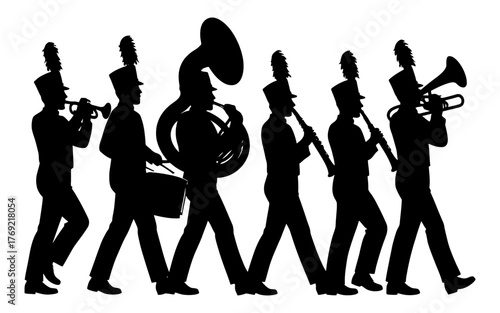 Silhouette of marching band playing instruments in parade.