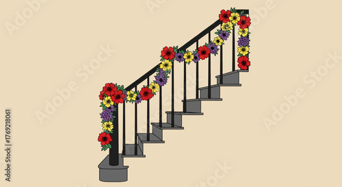 Staircase adorned with vibrant floral garland, a festive decoration for any occasion