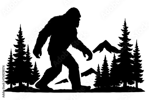 Silhouette of bigfoot walking in forest with mountain background.