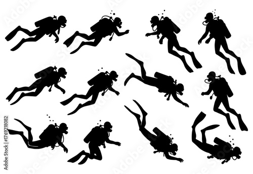 Silhouettes of scuba divers in various underwater poses.