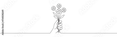 Continuous one-line drawing of a hand holding a small bouquet of flowers, symbolizing gift, nature, and heartfelt gesture in a minimalist style.