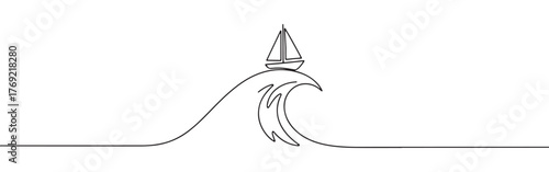 Continuous one-line drawing of a sailboat riding a wave, symbolizing adventure, freedom, and overcoming challenges in a minimalist marine style.