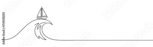 Continuous one-line drawing of a sailboat riding a wave, symbolizing adventure, freedom, and overcoming challenges in a minimalist marine style.