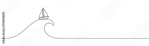 Continuous one-line drawing of a sailboat riding a wave, symbolizing adventure, freedom, and overcoming challenges in a minimalist marine style.