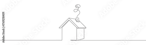 Continuous one-line drawing of a simple house with a chimney and smoke, symbolizing home, comfort, and warmth in a minimalist architectural style.