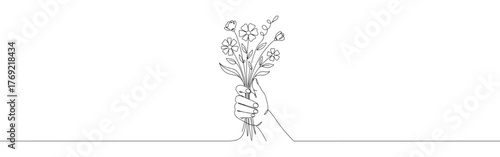 Continuous one-line drawing of a hand holding a small bouquet of flowers, symbolizing gift, nature, and heartfelt gesture in a minimalist style.