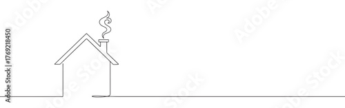 Continuous one-line drawing of a simple house with a chimney and smoke, symbolizing home, comfort, and warmth in a minimalist architectural style.