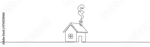Continuous one-line drawing of a simple house with a chimney and smoke, symbolizing home, comfort, and warmth in a minimalist architectural style.