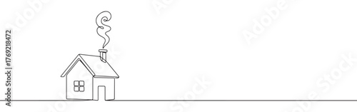 Continuous one-line drawing of a simple house with a chimney and smoke, symbolizing home, comfort, and warmth in a minimalist architectural style.