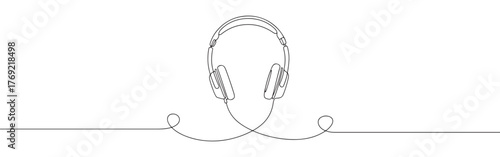 Continuous one-line drawing of modern headphones with a tangled cord, symbolizing music, audio, and technology in a minimalist style on a white background.
