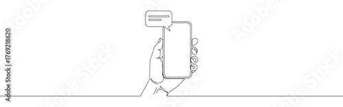 Continuous one-line drawing of a hand holding a smartphone with an speech bubble, representing communication, mobile technology, and messaging in a minimalist style.