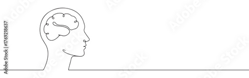 Continuous one-line drawing of a human head with a brain inside, symbolizing thought, intelligence, mental health, and creativity in a minimalist style.