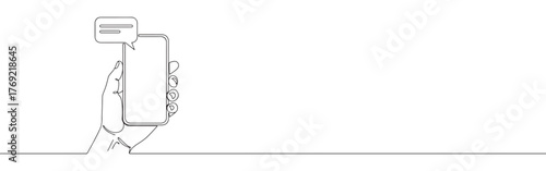 Continuous one-line drawing of a hand holding a smartphone with an speech bubble, representing communication, mobile technology, and messaging in a minimalist style.