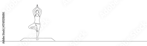Continuous one-line drawing of a woman in a yoga pose on a mat, symbolizing strength, balance, wellness, and mindfulness in a minimalist style.