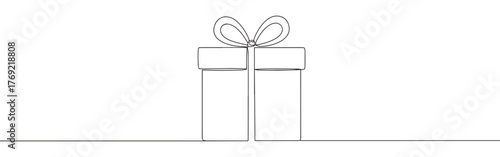 Continuous one-line drawing of a wrapped gift box with a bow, symbolizing celebration, surprises, and special occasions in a clean, minimalist outline on a white background.