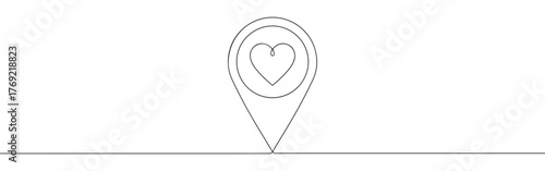 Continuous one-line drawing of a map pin with a heart inside, symbolizing favorite location, love for travel, or a cherished place in a minimalist style.