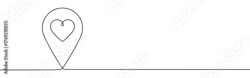 Continuous one-line drawing of a map pin with a heart inside, symbolizing favorite location, love for travel, or a cherished place in a minimalist style.