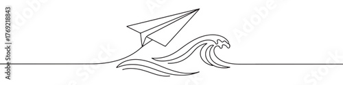 Continuous one-line drawing of a paper airplane flying over stylized waves, symbolizing travel, freedom, and overcoming challenges, rendered in a minimalist style on white.