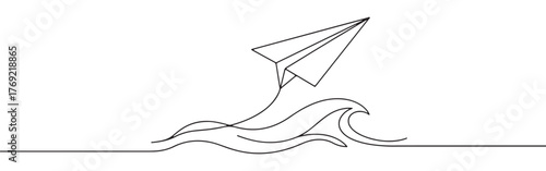 Continuous one-line drawing of a paper airplane flying over stylized waves, symbolizing travel, freedom, and overcoming challenges, rendered in a minimalist style on white.