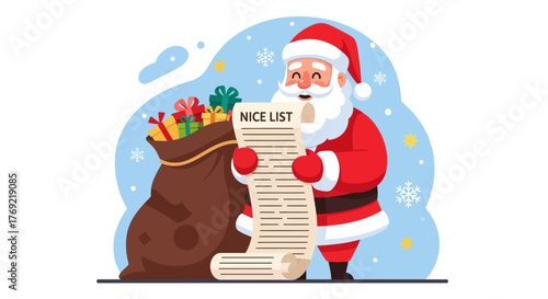 Santa Claus reviewing his comprehensive list of good children to deliver gifts to, on a snowy Christmas Eve