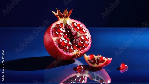 Bright, fresh style: a single, perfect pomegranate, sliced open to display vibrant red seeds on a reflective cobalt blue surface, ideal for food or wellness concepts.