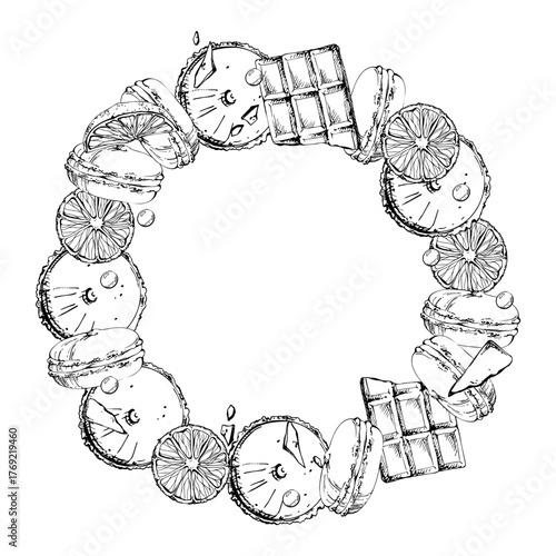 Cream-filled macaron biscuits and whoopie pies with juicy orange slices, mousse meringue buns topped with cocoa and chocolate bonbons. Hand drawn vector ink wreath. Cafe signage, artisanal menu art.