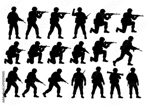 Silhouettes of soldiers in various poses with weapons and gear.