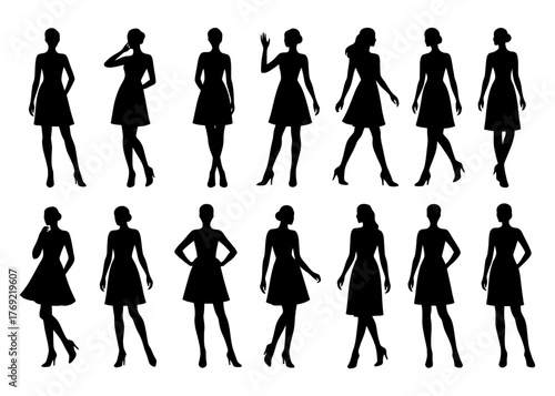 Silhouette collection of female figures in various poses and dresses.
