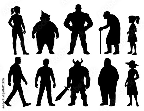 Silhouettes of diverse characters in various poses and ages on white background.
