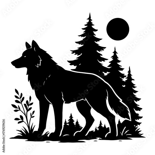 Silhouette of a lone wolf in forest under moonlight.