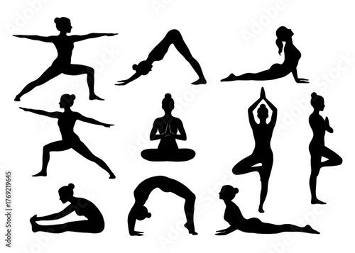 Silhouettes of women practicing various yoga poses on white background.