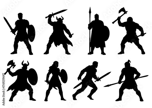 Silhouetted warriors: diverse battle poses with swords, spears, and shields.