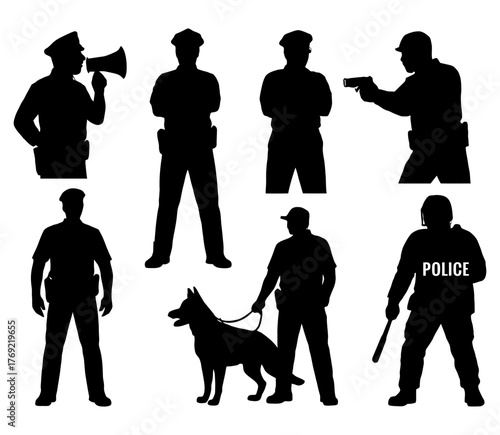 Silhouettes of police officers and k-9 unit in various poses.