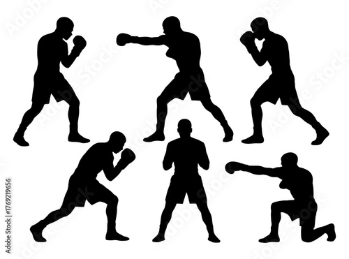 Silhouettes of male boxers in various poses: shadow art of athletes fighting stances.