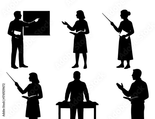 Silhouettes of teachers engaging in various teaching activities.