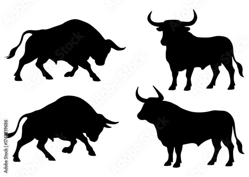 Silhouettes of four bulls in various poses.