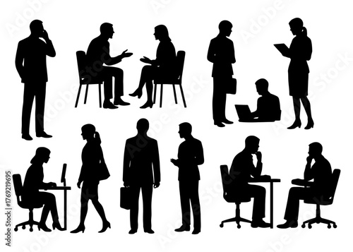 Silhouette figures in various professional and social interactions.